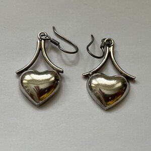Vintage 925 Sterling Silver Artisan Puffy Heart Drop Pierced Earrings CB Mexico